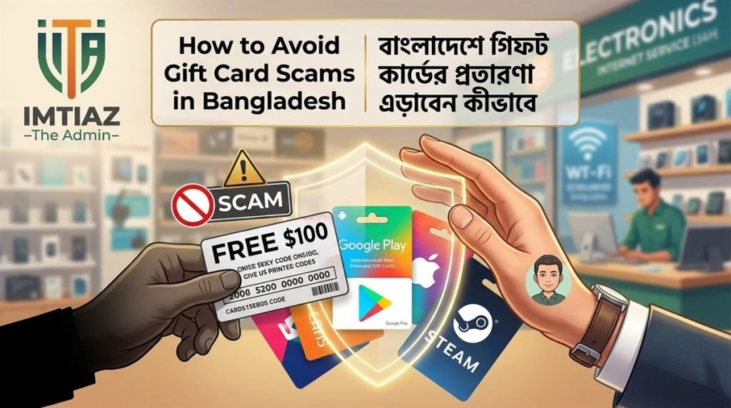 Refusing a fake free gift card offer, illustrating how to avoid gift card scams in Bangladesh