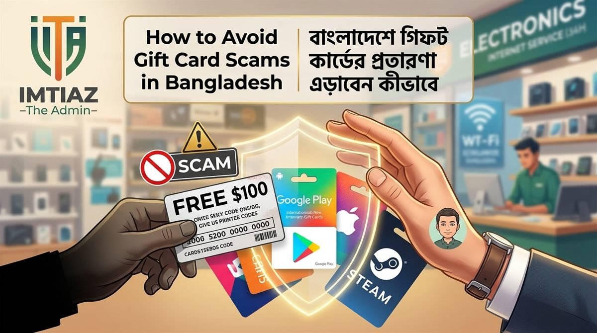 Refusing a fake free gift card offer, illustrating how to avoid gift card scams in Bangladesh